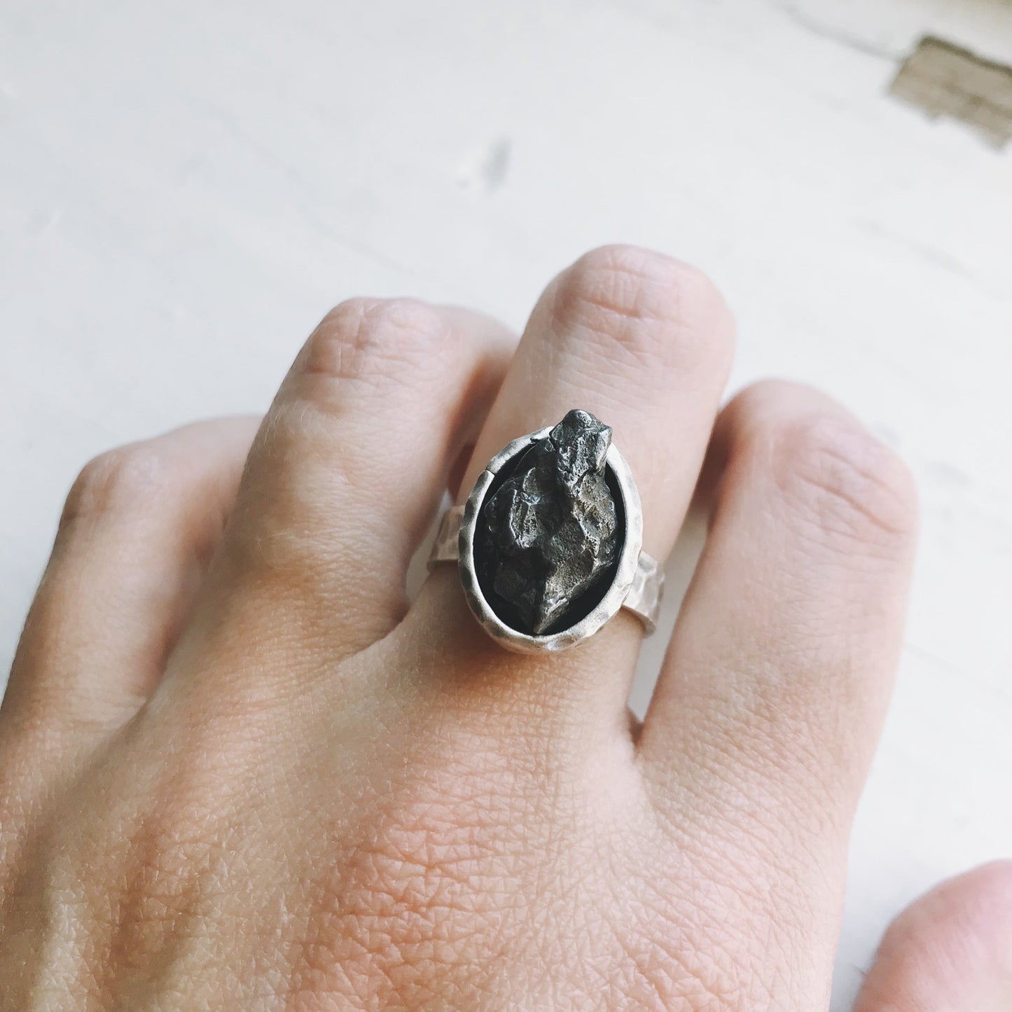 Oval Raw Meteorite Ring in Silver