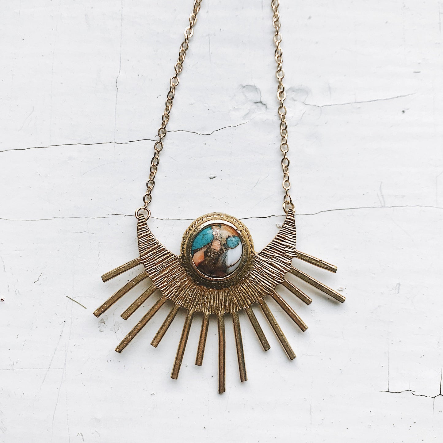 Sun Goddess Necklace - Sun Pendant with Copper Oyster Turquoise