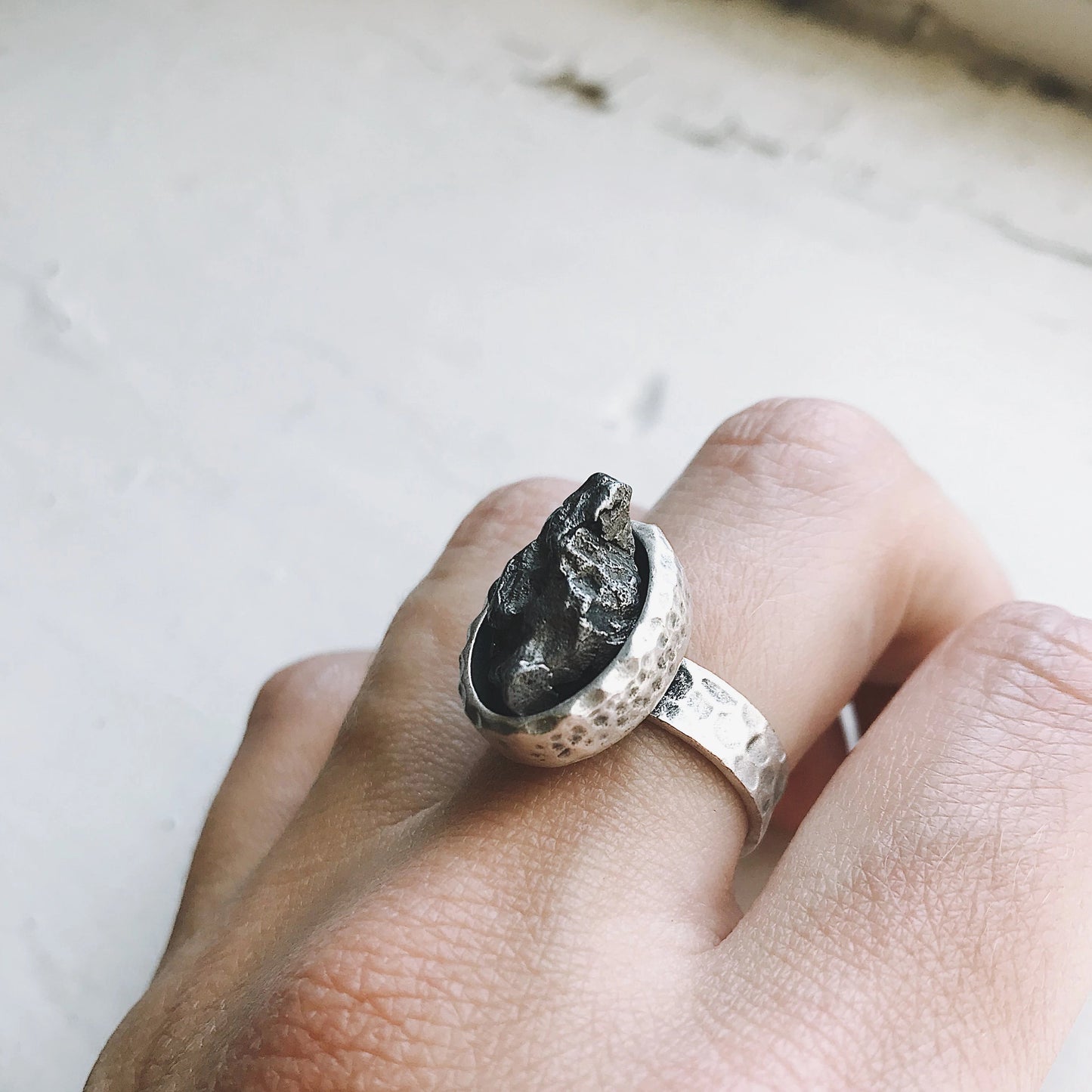 Oval Raw Meteorite Ring in Silver