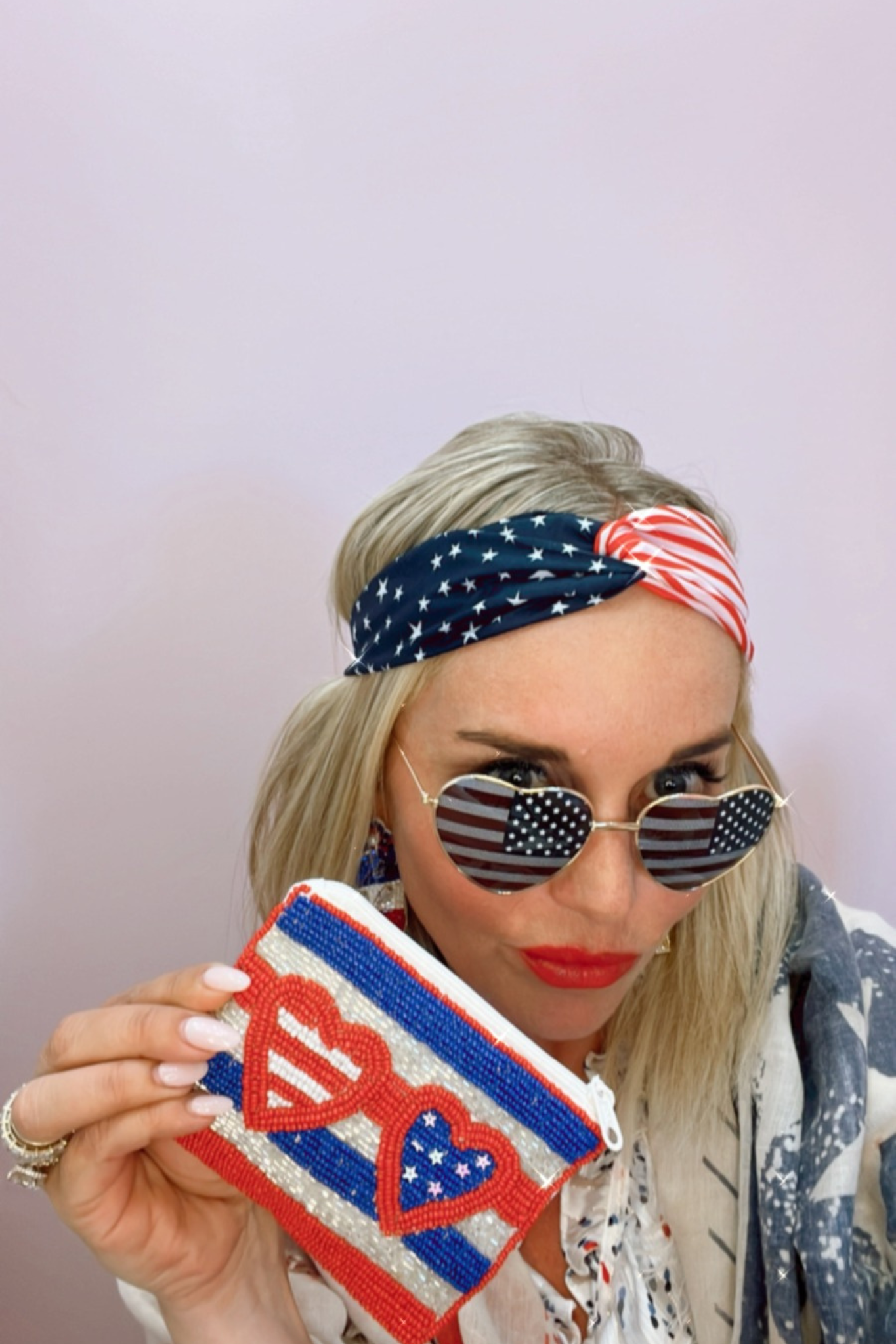 American Flag Beaded Pouch with Hearts