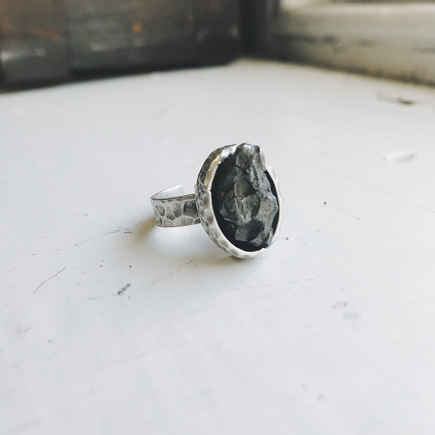 Oval Raw Meteorite Ring in Silver