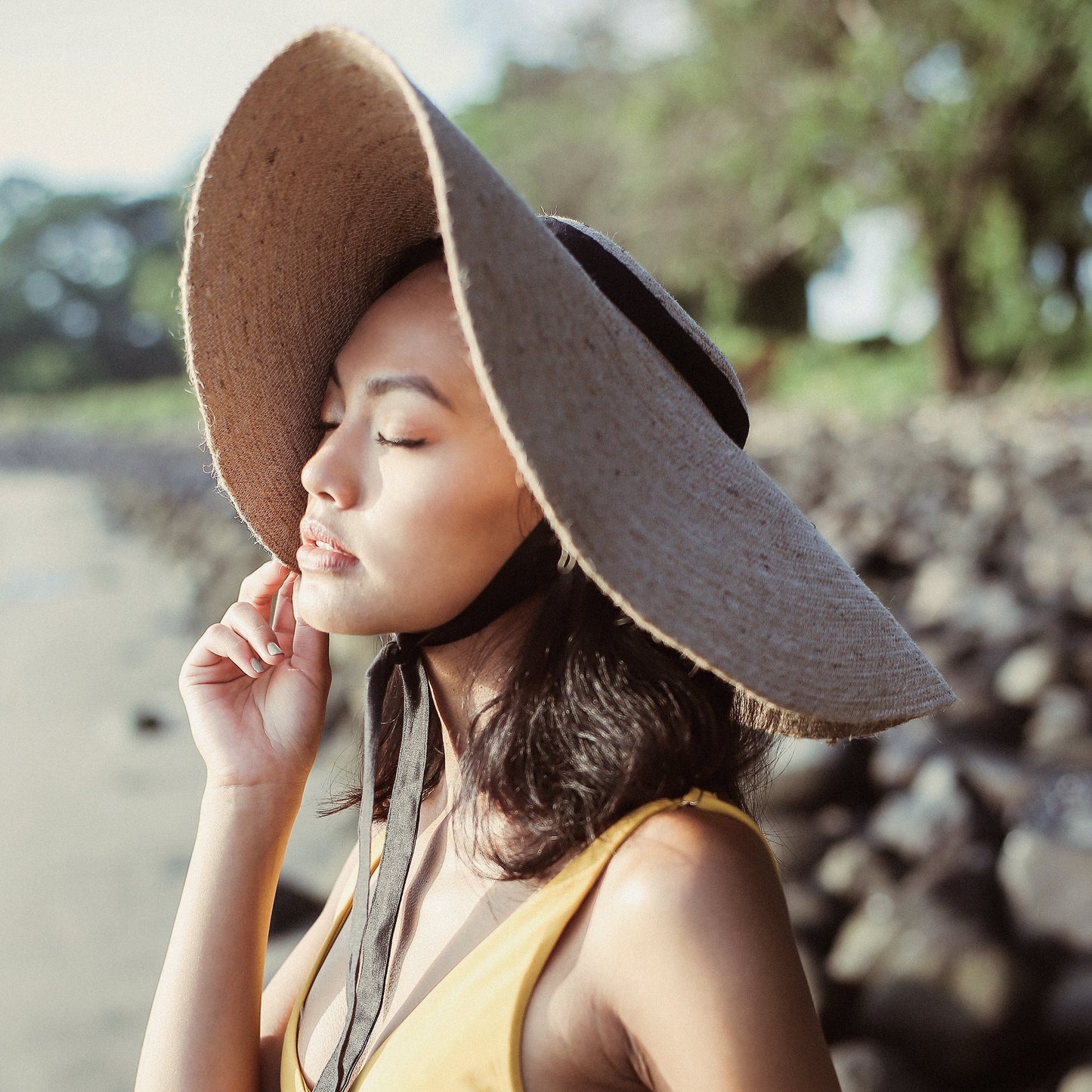 Lola Wide Brim Jute Straw Hat, with Black Strap