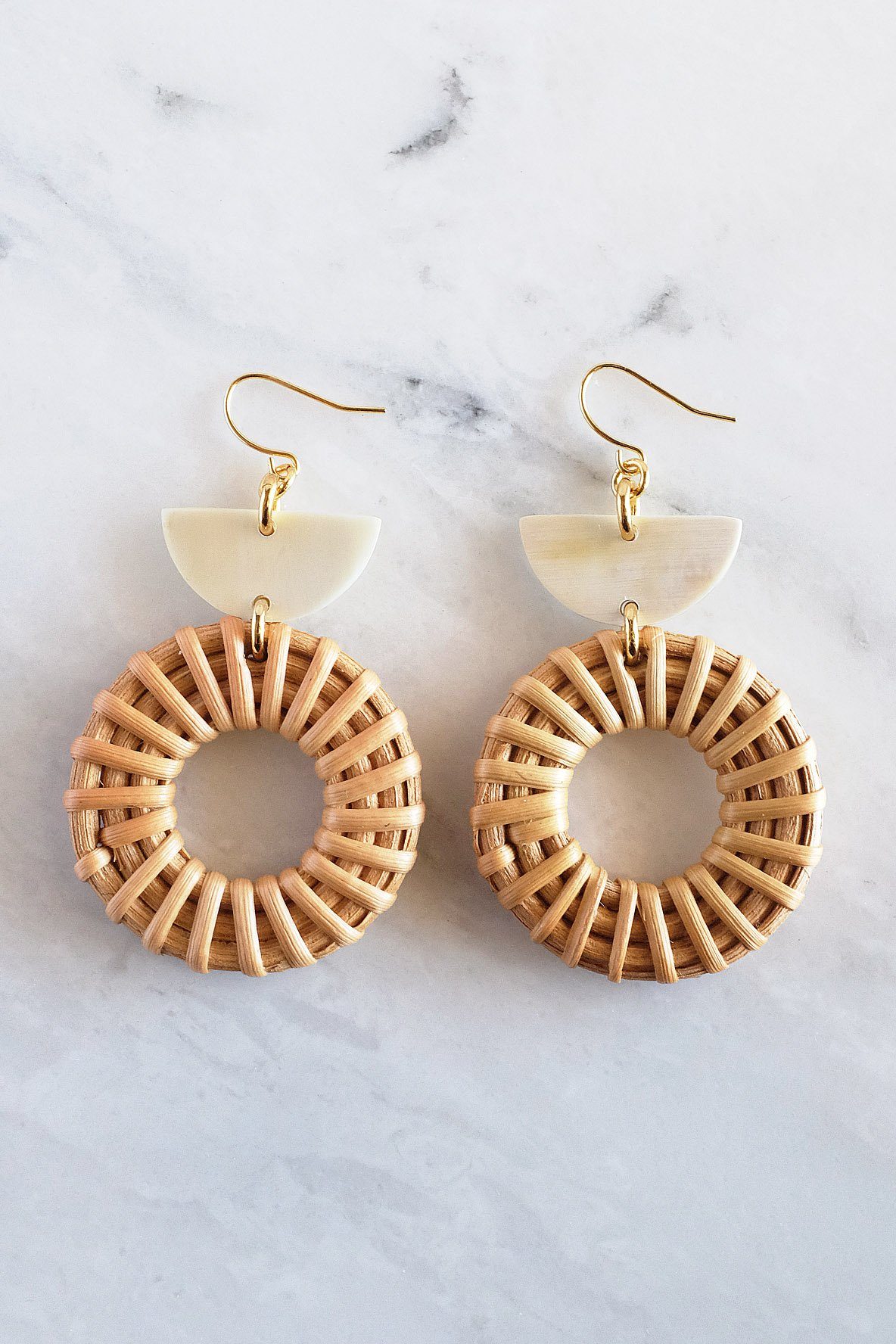 Ninh Binh 16K Gold Plated Brass Horn & Rattan (Straw/Wicker) Crescent & Donut Earrings