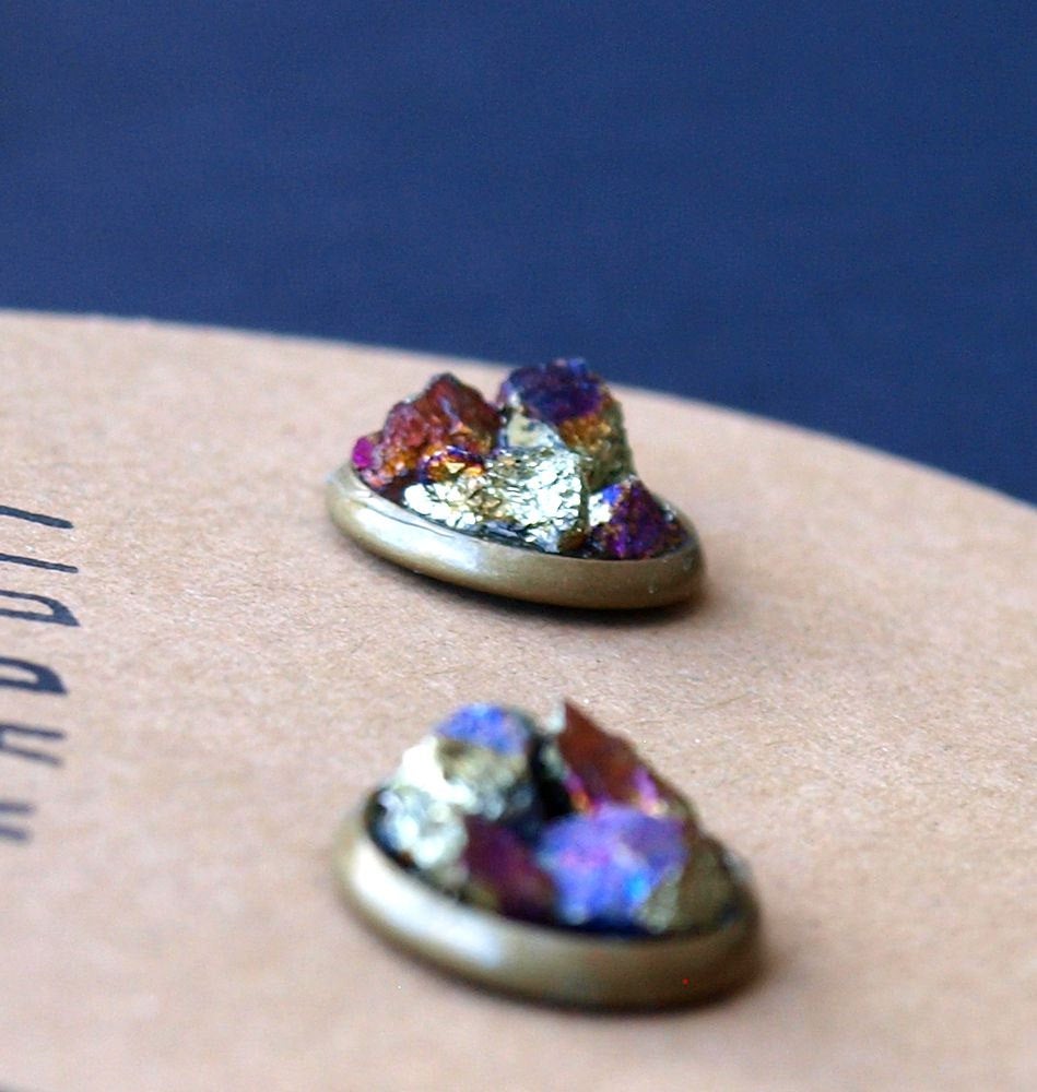 Peacock Ore Cluster Stud Earrings, Raw Peacock Ore Earrings