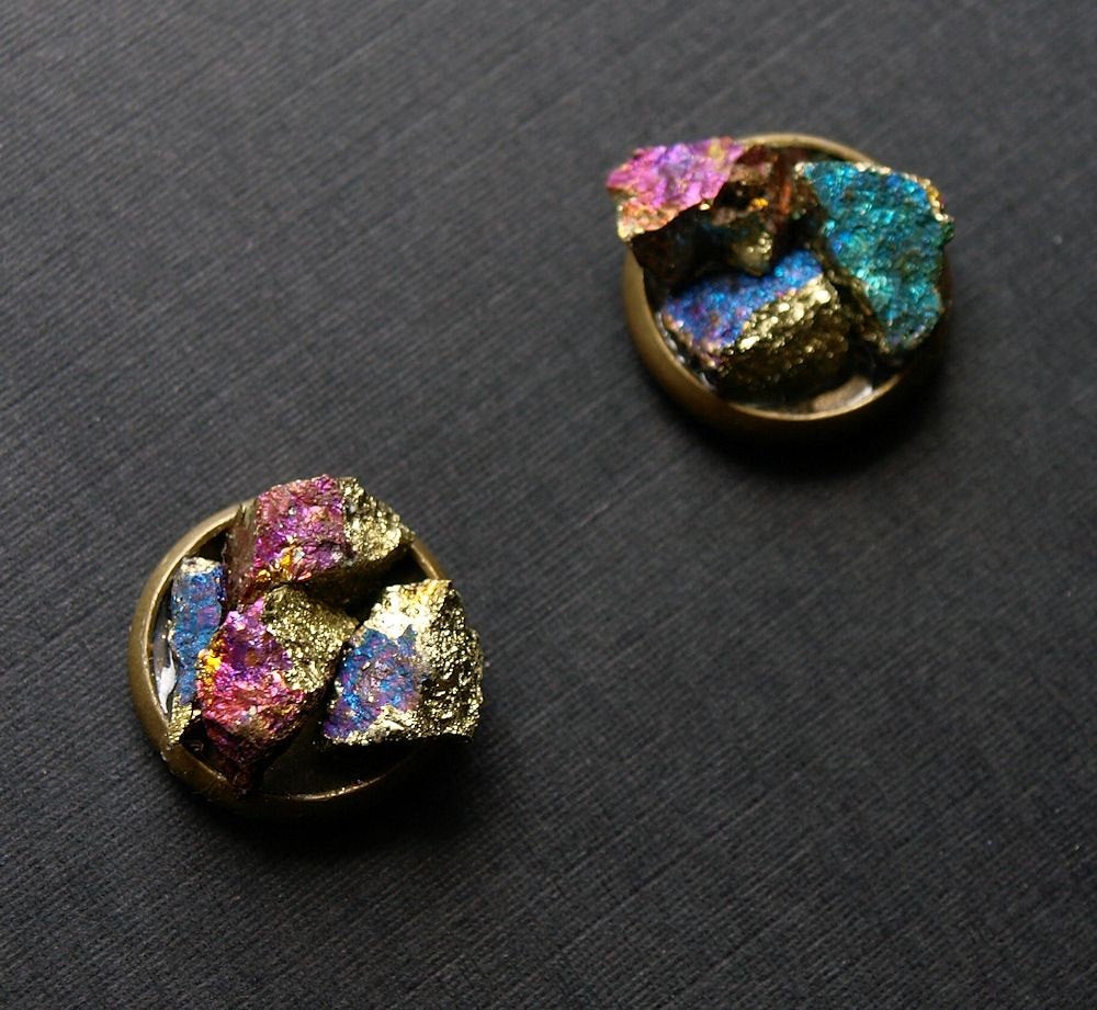 Peacock Ore Cluster Stud Earrings, Raw Peacock Ore Earrings